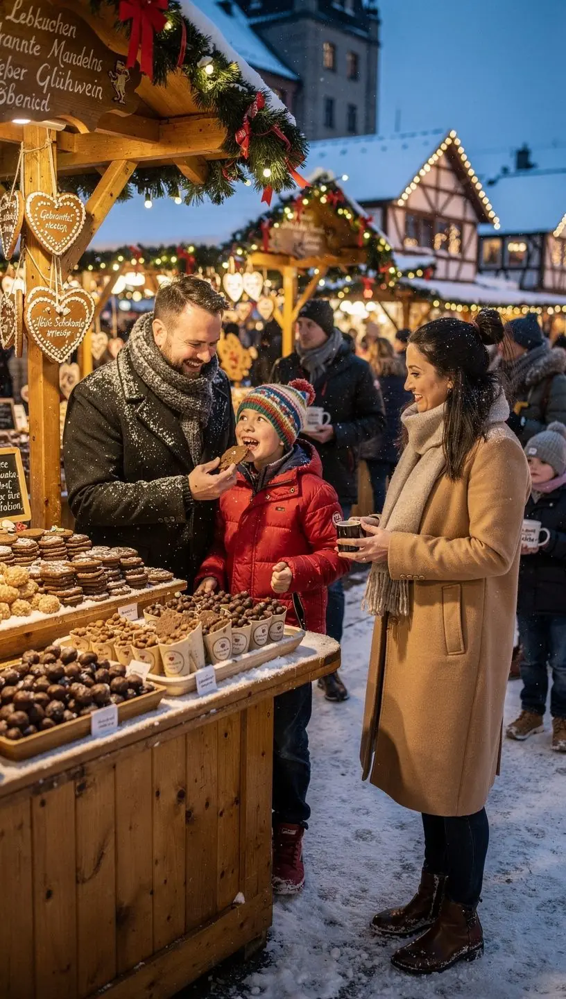 Gemütliche Straßenszene mit historischen Fachwerkhäusern und festlichen Dekorationen zur Weihnachtszeit.