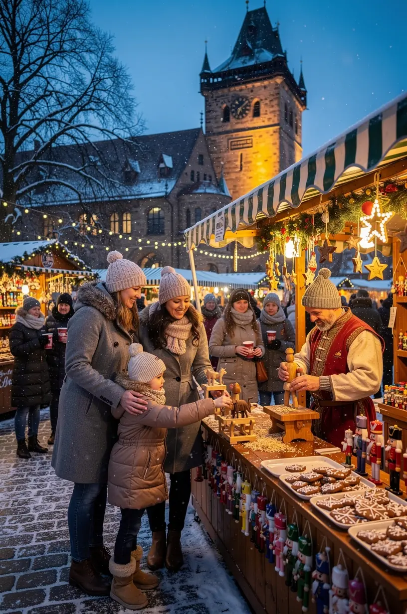Szenenbild eines modernen Zuges, der durch schneebedeckte Landschaften zu weihnachtlichen Städten fährt.
